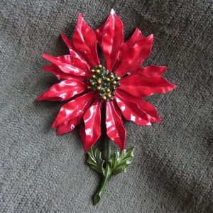 1960s LARGE 5" ENAMEL POINSETTIA CHRISTMAS BROOCH